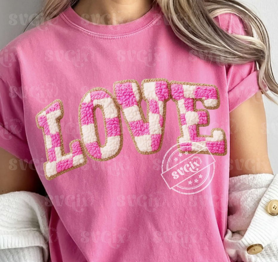 LOVE CHECKERED FAUX CHENILLE- TRANSFER ONLY