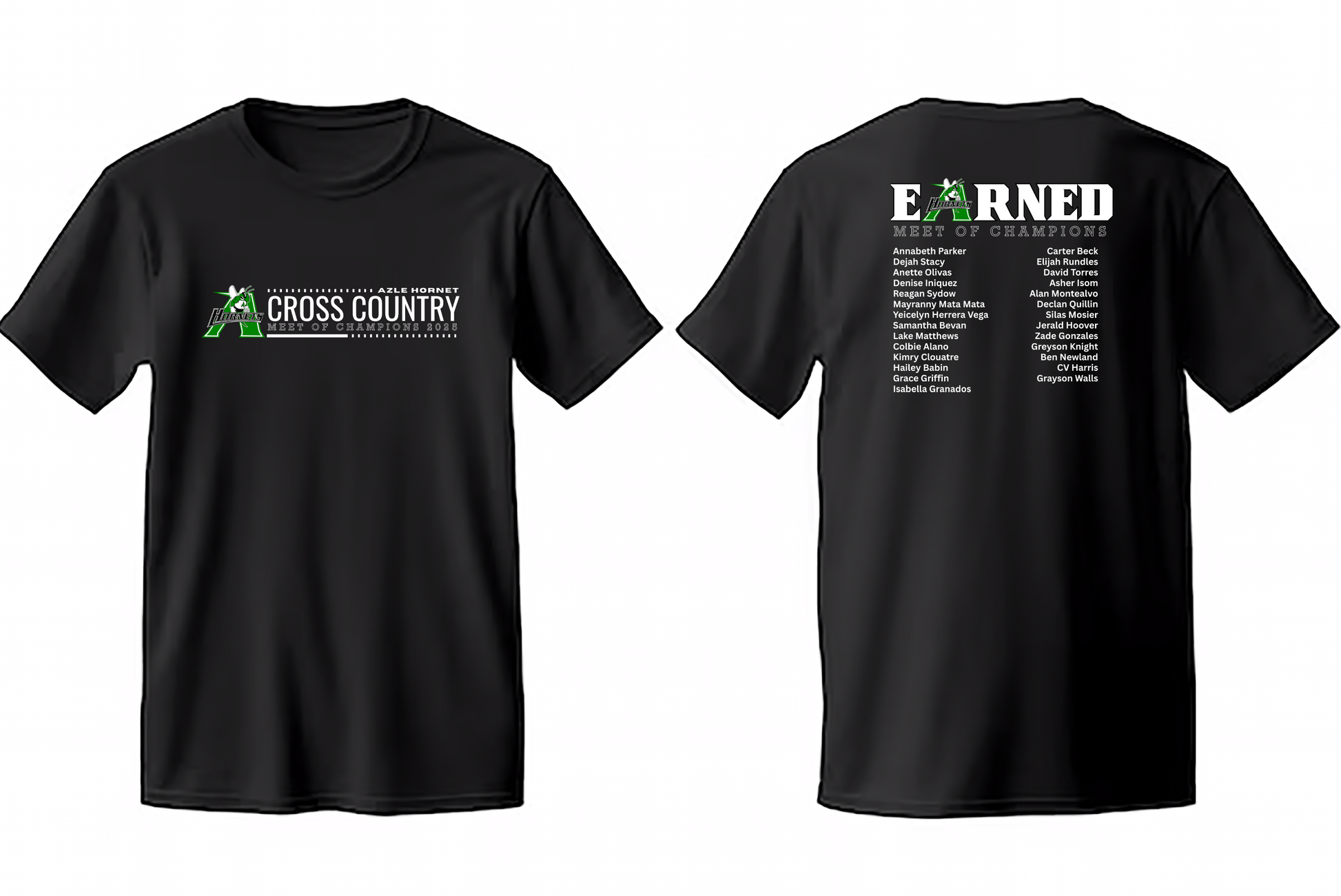 Black t-shirt with 'Cross Country' on the front and 'Earned' on the back, on a white background.