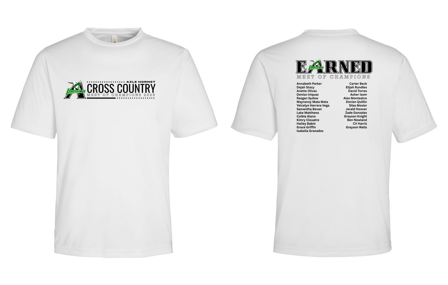 White t-shirt with 'Cross Country' and 'Earned' text on a white background