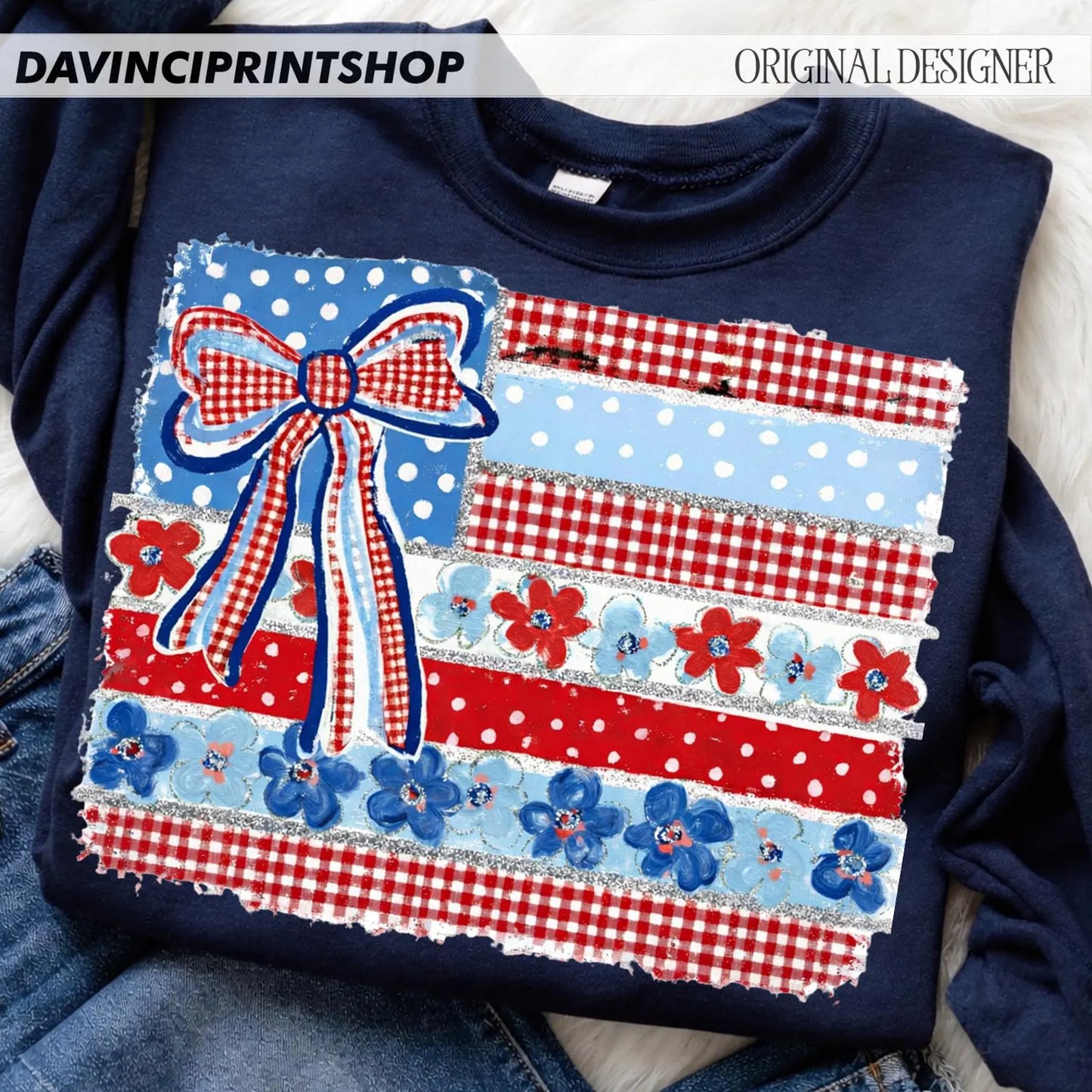 Bow and Flower American Flag-TRANSFER ONLY